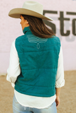 Teal Puffer W Aztec Lining Boot Stitch Detail Vest