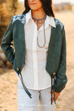 Teal Suede Aztec Detail Yoke Front Tassel Jacket