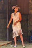 Cream Stretch Suede Horse Printed Wrap Fringe Dress
