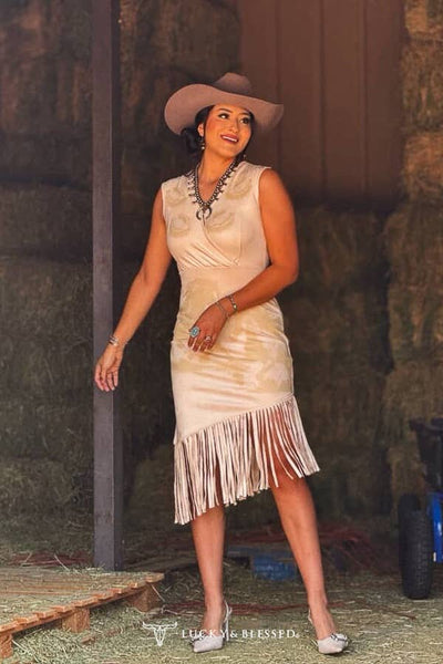 Cream Stretch Suede Horse Printed Wrap Fringe Dress