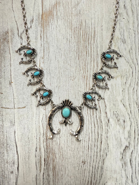 Turquoise Stone Western Squash Blossom Pendant Necklace