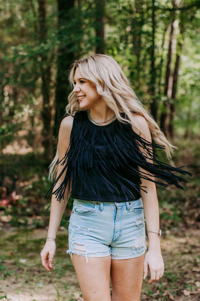 Suede Fringe Top -Black