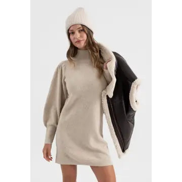 MOCK NECK LONG PUFF SLEEVE KNIT SWEATER DRESS