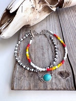 3 Layered Navajo Style Pearl Bead & Stone Concho Bracelet