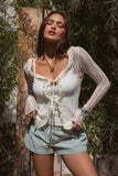 RAVENLEE Sheer Floral Lace Ruffle Self Tie Long Sleeve Top