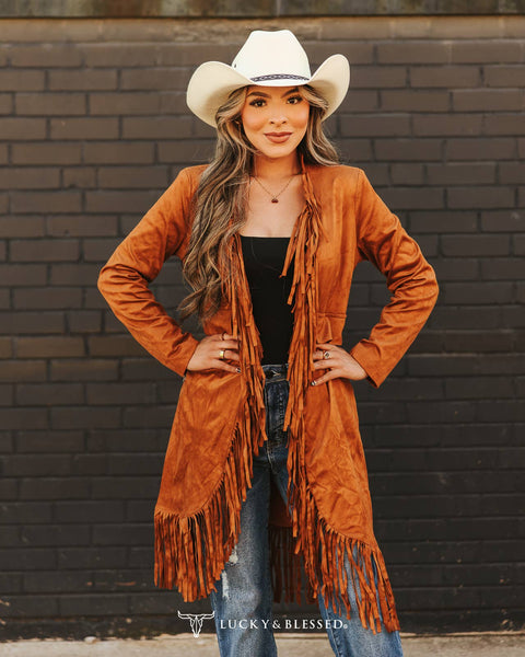 Camel Faux Suede Vest W Fringed Hem