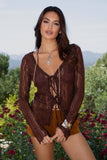 RAVENLEE Sheer Floral Lace Ruffle Self Tie Long Sleeve Top