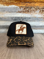 Cowboy Embroidered Patch Leopard Brim Trucker Hat