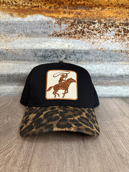 Cowboy Embroidered Patch Leopard Brim Trucker Hat