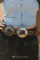 Brown Leopard Suede Genuine Leather Oval Concho Belt