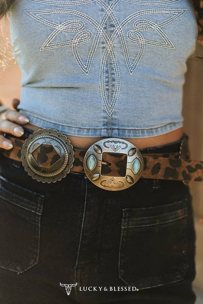 Brown Leopard Suede Genuine Leather Oval Concho Belt