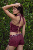 MARGEE Western Embroidered Suede Self-Tie Halter Top