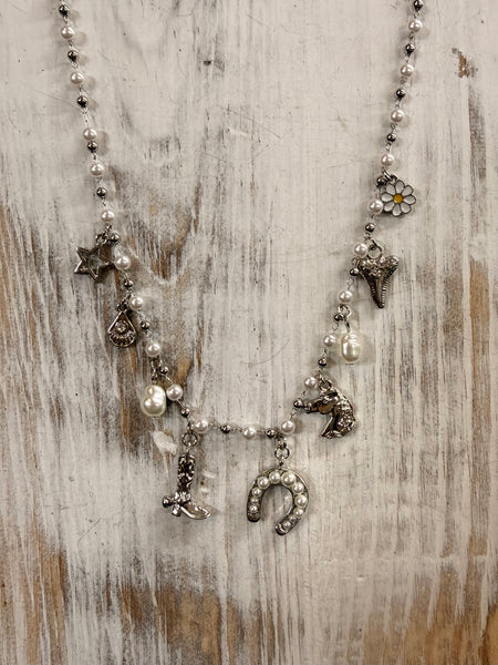 Silver Pearl Western Charm Necklace
