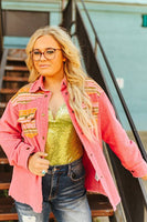 Pink Corduroy Shacket W Leopard Detail