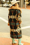 Black Aztec W Fur Collar And Sleeves Hem Long Coat