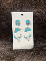 3 Pair Western Wooden Earring Set - Longhorn hat desert