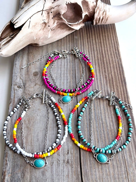 3 Layered Navajo Style Pearl Bead & Stone Concho Bracelet