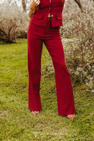 Red Solid Front Crease Detail Pants