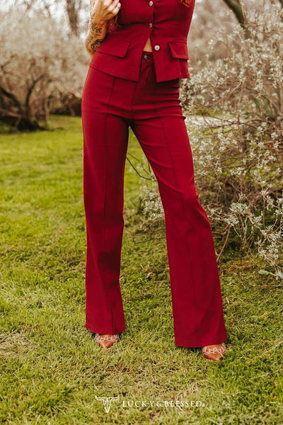 Red Solid Front Crease Detail Pants