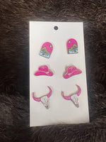 3 Pair Western Wooden Earring Set - Longhorn hat desert
