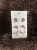 3 Pair Western Wooden Earring Set - Longhorn hat desert
