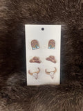 3 Pair Western Wooden Earring Set - Longhorn hat desert
