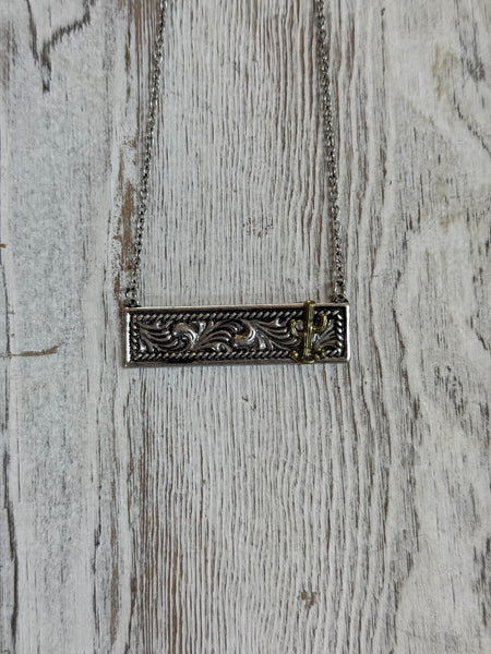 Western Cactus Floral Casting Bar Pendant Necklace