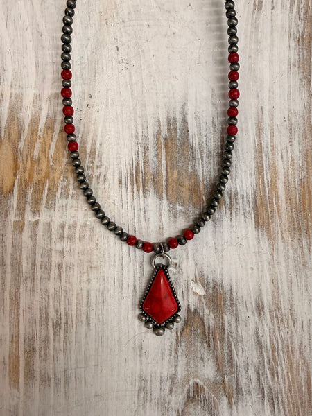 Silver & Red Alternating Beaded Necklace