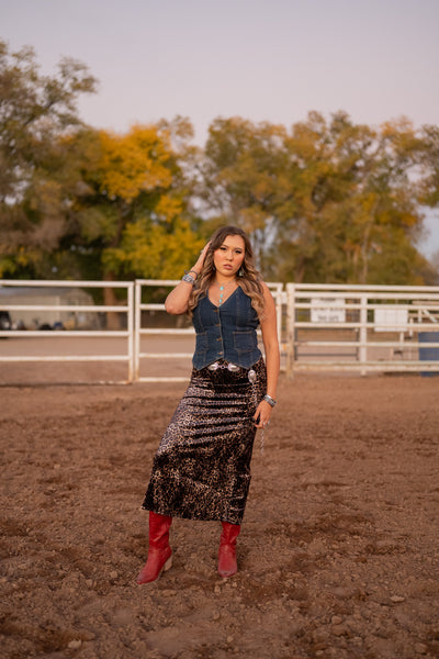 Velvet Leopard Print Midi Skirt