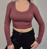 SCOOP NECK LONG SLEEVE SWEATER KNIT CROP TOP