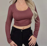 SCOOP NECK LONG SLEEVE SWEATER KNIT CROP TOP