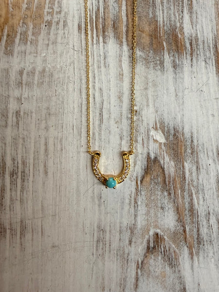Gold Horseshoes Turquoise Stone Necklace