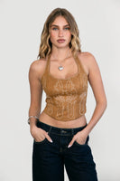 MARGEE Western Embroidered Suede Self-Tie Halter Top