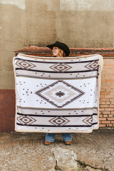 Ivory Tan Aztec Printed Beige Sherpa Blanket