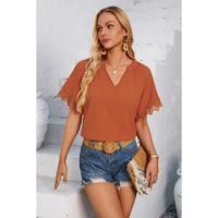 Solid V Neck Loose Lace Trim Color Block Blouse