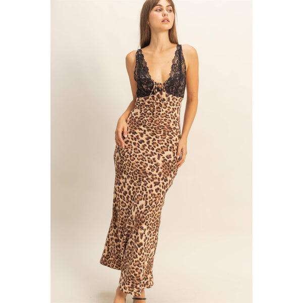 Lace-Trimmed Leopard Print Slip Dress