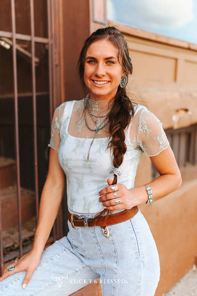 Mint Lace Short Sleeve Stretch Top