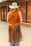 Camel Stretch Suede Vest Buckstitch Fringe Hem