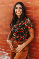 Black Red Aztec Short Sleeve Mesh Top