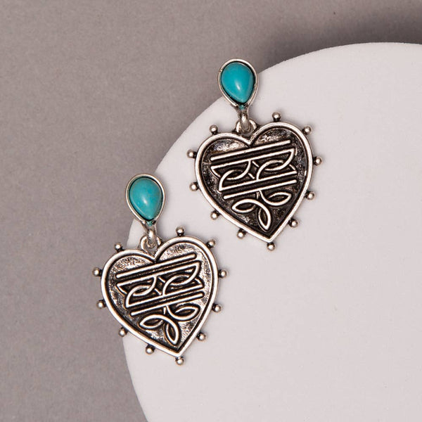 Western Boot Stitch Heart Drop Earrings with Turquoise