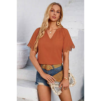 Solid V Neck Loose Lace Trim Color Block Blouse
