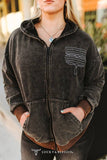 Black Mineral Wash Boot Stitch Detail Zip-Up Hoodie