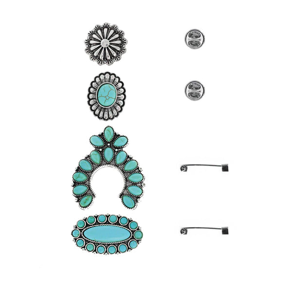 4 Piece Western Turquoise Semi Stone Squash Blossom Pin Set
