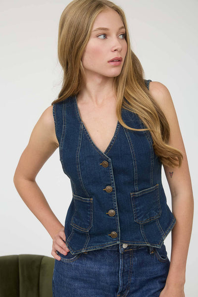 V-Neck Sleeveless Button Down Denim Vest