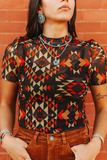 Black Red Aztec Short Sleeve Mesh Top