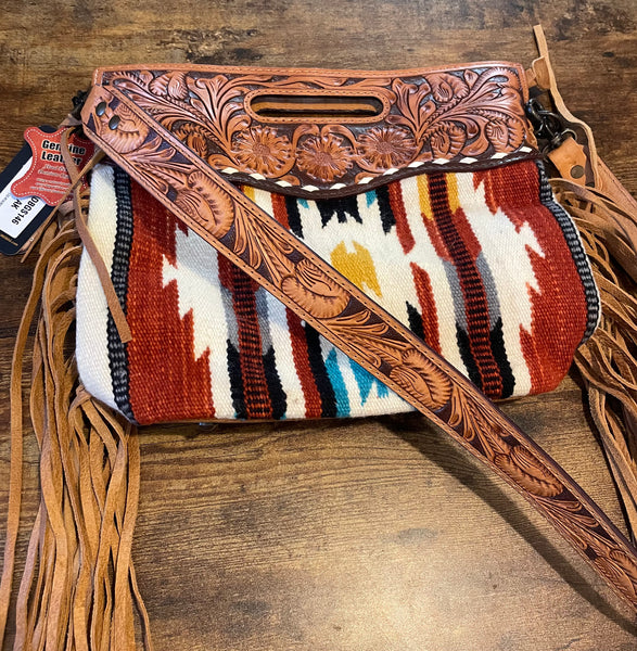 Saddle Blanket Tooled Leather Clutch/Purse