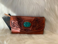 Rust tooled wallet with turquoise stone