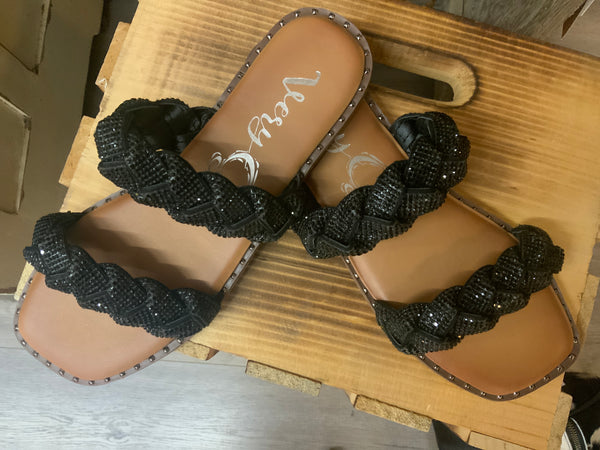 Twisty black glitter sandal