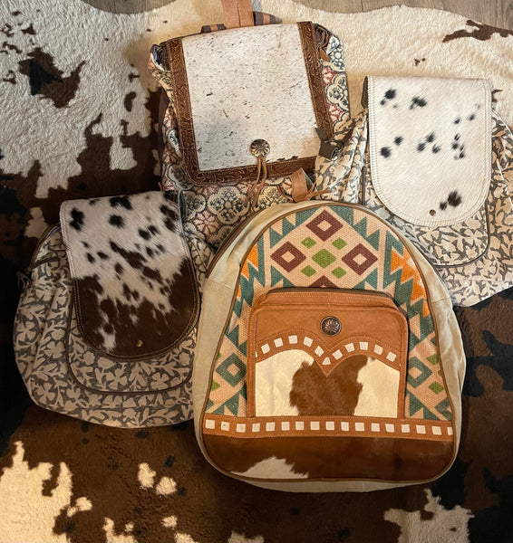 Woven Backpack with Cowhide